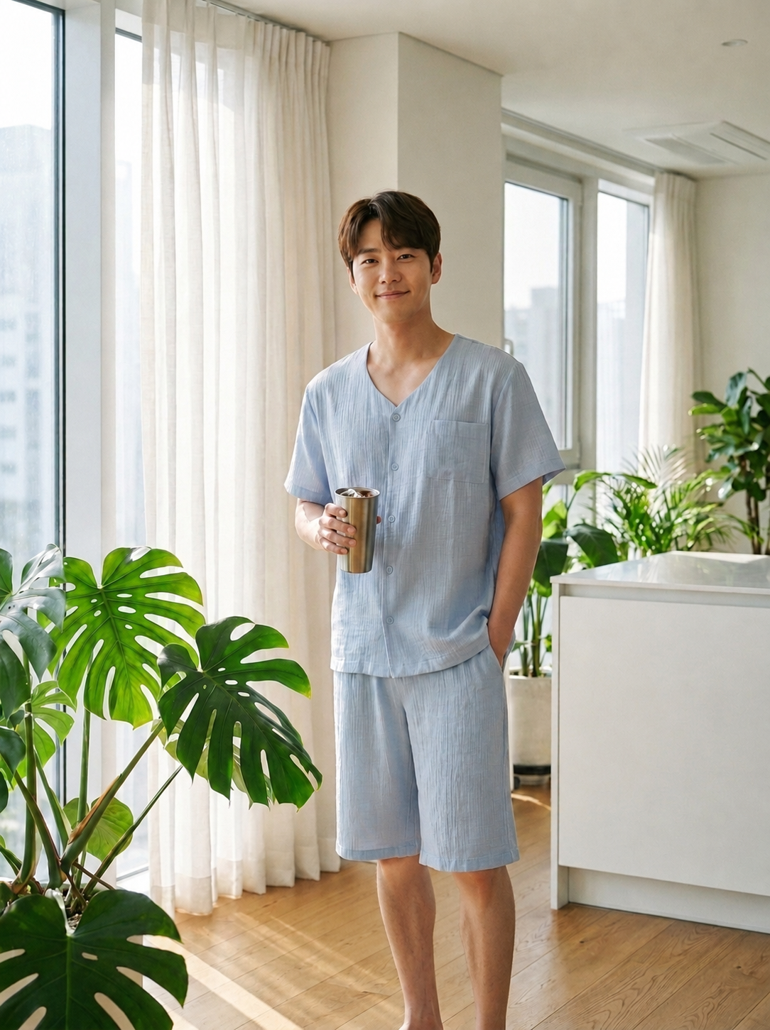 올인원 아이스 린넨 인견 남성 파자마(2종 세트) (1PAK661M)
